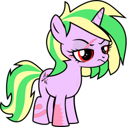 Size: 2156x2158 | Tagged: safe, alternate version, artist:etymologically correct filly, oc, oc only, oc:iron sonata, pony, unicorn, fallout equestria, annoyed, burn scar, female, filly, frown, red eyes, scar, scarred, simple background, solo, this will end in murder, transparent background, vector