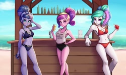 Size: 1682x1000 | Tagged: safe, artist:the-park, princess cadance, princess celestia, princess luna, equestria girls, alcohol, alternate hairstyle, bar, beach, beer, belly button, bikini, bottle, clothes, drink, female, hand on hip, looking at you, margarita, midriff, ocean, pepsi, ponytail, shorts, smiling, soda, straw, swimsuit, tanktop, trio, trio female