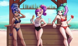 Size: 1159x689 | Tagged: safe, artist:the-park, princess cadance, princess celestia, princess luna, human, alcohol, alternate hairstyle, bar, beach, beer, belly button, bikini, bottle, clothes, drink, female, hand on hip, humanized, looking at you, margarita, midriff, ocean, pepsi, ponytail, shorts, smiling, soda, straw, swimsuit, tanktop