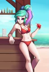 Size: 693x1000 | Tagged: safe, artist:the-park, princess celestia, human, alcohol, alternate hairstyle, bar, beach, belly button, bikini, bottle, clothes, drink, female, humanized, looking at you, margarita, midriff, ocean, ponytail, smiling, solo, straw, swimsuit