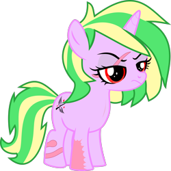 Size: 2156x2158 | Tagged: safe, alternate version, artist:etymologically correct filly, oc, oc only, oc:iron sonata, pony, unicorn, fallout equestria, iron sonata dnd token evolution, annoyed, burn scar, female, filly, frown, red eyes, scar, scarred, simple background, solo, this will end in murder, transparent background, vector