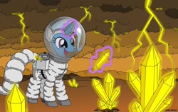 Size: 1024x643 | Tagged: safe, artist:joko-zuno, derpibooru import, trixie, astronaut, bag, crystal, glowing horn, horn, levitation, lightning, magic, magic aura, open mouth, saddle bag, smiling, spacesuit, telekinesis, venus