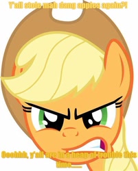 Size: 474x589 | Tagged: safe, derpibooru import, applejack, earth pony, pony, angry, bust, caption, close-up, frown, looking at you, meme, text