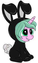 Size: 902x1491 | Tagged: safe, artist:mangoswirl13, derpibooru import, oc, oc:magicalmysticva, unicorn, animal costume, bunny costume, clothes, costume, female, filly