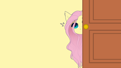 Size: 4073x2291 | Tagged: safe, artist:evehly, derpibooru import, edit, editor:band sickle, fluttershy, bat pony, pony, bat ponified, cute, door, doorknob, ear fluff, ear tufts, emanata, female, flutterbat, head tilt, high res, looking at you, mare, modern art, peeking, race swap, shy, shyabates, shyabetes, simple background, slit eyes, solo, wallpaper, wallpaper edit, white background, wrong eye color