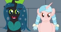 Size: 1600x845 | Tagged: safe, artist:scoutimusprime, derpibooru import, cozy glow, queen chrysalis, changeling, changeling queen, pegasus, pony, alternate hairstyle