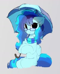 Size: 1382x1712 | Tagged: safe, artist:little-sketches, derpibooru import, oc, oc only, pegasus, pony, clothes, female, fluffy, glasses, mare, scarf, sitting, smiling, solo, tail, tail curled, tail wrap, umbrella