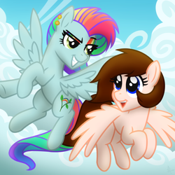 Size: 2048x2048 | Tagged: safe, artist:whitequartztheartist, derpibooru import, oc, oc:breanna, oc:rainbow blitz, pegasus, pony, magical lesbian spawn, offspring, parent:fluttershy, parent:rainbow dash, parents:flutterdash, request, sky background