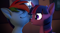 Size: 3840x2160 | Tagged: safe, artist:psfmer, derpibooru import, rainbow dash, twilight sparkle, twilight sparkle (alicorn), alicorn, pegasus, pony, 3d, eyes closed, female, kiss, kissing, lesbian, moon, nose kiss, sfm pony, shipping, source filmmaker, surprised, twidash, wide eyes