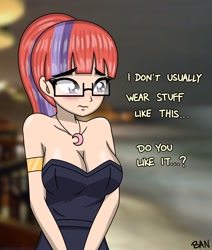 Size: 1492x1758 | Tagged: safe, artist:banquo0, derpibooru import, moondancer, human, armband, balloondancer, blushing, breasts, cleavage, clothes, dress, glasses, humanized, jewelry, necklace, solo, strapless, text