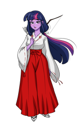 Size: 2551x4032 | Tagged: safe, artist:ameliacostanza, derpibooru import, part of a set, twilight sparkle, equestria girls, absurd resolution, anime, blouse, blushing, bow (weapon), clothes, cosplay, costume, crossover, hakama, inuyasha, kikyo, priestess, quiver, simple background, transparent background