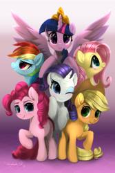 Size: 3000x4500 | Tagged: safe, artist:darksly, derpibooru import, applejack, fluttershy, pinkie pie, rainbow dash, rarity, twilight sparkle, twilight sparkle (alicorn), alicorn, earth pony, pegasus, pony, unicorn, blushing, female, gradient background, looking at you, mane six, mare, one eye closed