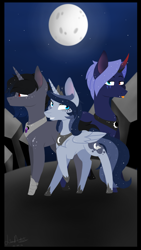 Size: 720x1280 | Tagged: safe, artist:lisaartista365, derpibooru import, oc, oc only, oc:prince midnight, oc:prince shade, oc:princess moonlight, alicorn, pony, unicorn, alicorn oc, crown, curved horn, female, full moon, heterochromia, horn, jewelry, male, mare, moon, night, offspring, parent:king sombra, parent:princess luna, parents:lumbra, peytral, regalia, siblings, stallion, tongue out, wings