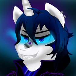 Size: 1000x1000 | Tagged: safe, artist:xiolyeca, derpibooru import, shining armor, pony, unicorn, alternate universe, armor, bevor, black and purple background, blended background, blue and black background, blue and purple and black background, blue and purple background, cape, chestplate, clothes, corrupted, corrupted shining armor, criniere, croupiere, cuirass, dark magic, dark shining armor, ear piercing, earring, fangs, fauld, glowing horn, gorget, helmet, horn, jacket, jewelry, leather jacket, magic, male, peytral, piercing, plackart, possessed, possession, robe, role reversal, role swap, shining shadow, solo, sombra eyes