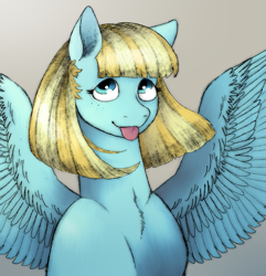 Size: 937x974 | Tagged: safe, artist:happyartfag, derpibooru import, helia, pegasus, pony, /mlp/, :p, drawthread, requested art, solo, spread wings, tongue out, wings