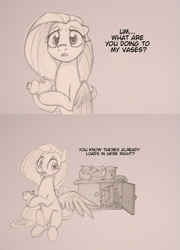 Size: 863x1200 | Tagged: safe, anonymous artist, derpibooru import, fluttershy, pegasus, pony, /mlp/, bait and switch, bong, comic, dialogue, drawthread, drugs, monochrome, solo, talking to viewer