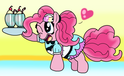 Size: 1268x782 | Tagged: safe, artist:jewelbandibun, derpibooru import, pinkie pie, earth pony, pony, coinky-dink world, eqg summertime shorts, equestria girls, cherry, cute, diapinkes, equestria girls ponified, food, hat, heart, milkshake, ponified, straw, tray, waitress