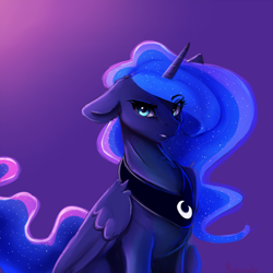 Size: 4000x4000 | Tagged: safe, artist:miokomata, derpibooru import, princess luna, alicorn, pony, absurd resolution, cute, eye clipping through hair, eyebrows visible through hair, female, floppy ears, glowing mane, gradient background, horn, jewelry, looking at you, lunabetes, mare, regalia, signature, simple background, solo, wings