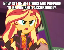Size: 600x476 | Tagged: safe, derpibooru import, edit, edited screencap, screencap, sunset shimmer, better together, equestria girls, sunset's backstage pass!, caption, geode of empathy, image macro, imminent punishment, magical geodes, memeful.com, solo, text