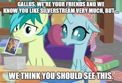 Size: 731x500 | Tagged: safe, derpibooru import, edit, edited screencap, screencap, ocellus, sandbar, silverstream, smolder, what lies beneath, caption, female, image macro, implied gallus, lesbian, lesbian in front of boys, male, photo, shipping, smolderstream, text