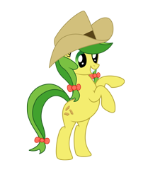 Size: 1890x2091 | Tagged: safe, artist:three uncle, derpibooru import, apple fritter, earth pony, pony, apple family member, bipedal, bow, cowboy hat, female, grin, hair bow, hat, mare, pose, pple family member, simple background, smiling, standing, transparent background