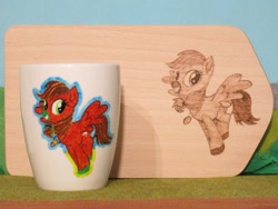 Size: 1024x769 | Tagged: safe, artist:malte279, derpibooru import, oc, oc:questionmark, pegasus, craft, cup, pegasus oc, porcelain painting, pyrography, traditional art, wings