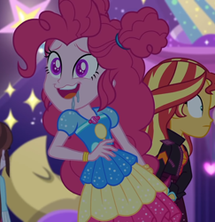 Size: 1050x1080 | Tagged: safe, derpibooru import, screencap, pinkie pie, sunset shimmer, better together, equestria girls, sunset's backstage pass!, clothes, cropped, drool, female, music festival outfit, that human sure does love churros