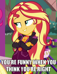 Size: 500x650 | Tagged: safe, derpibooru import, edit, edited screencap, screencap, pinkie pie, sunset shimmer, better together, equestria girls, sunset's backstage pass!, caption, clothes, condescending, cropped, crossed arms, geode of empathy, image macro, magical geodes, music festival outfit, smiling, smirk, smugset shimmer, text