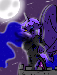 Size: 1536x2048 | Tagged: safe, artist:artmama113, derpibooru import, nightmare moon, princess luna, alicorn, anthro, clothes, crying, ethereal mane, eyes closed, female, full moon, moon, night, shooting star, solo, starry mane, stars, torn clothes, transformation