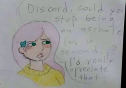 Size: 720x500 | Tagged: safe, artist:smol_andriusha, derpibooru import, fluttershy, human, bust, clothes, female, humanized, implied discord, solo, sweater, talking, traditional art, vulgar