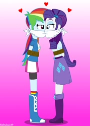 Size: 1920x2688 | Tagged: safe, artist:robukun, derpibooru import, rainbow dash, rarity, equestria girls, arm behind back, bondage, cloth gag, dashsub, female, femsub, floating heart, gag, heart, kissing, lesbian, looking at each other, raridash, rarisub, shipping, submissive, tied up