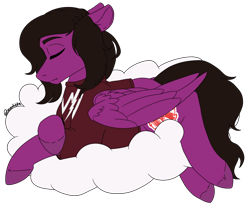 Size: 1062x870 | Tagged: safe, artist:rcdesenhista, derpibooru import, pegasus, pony, clothes, cloud, commission, crossed hooves, eyes closed, folded wings, lying down, male, pierce the veil, ponified, prone, shirt, signature, simple background, sleeping, solo, stallion, t-shirt, transparent background, vic fuentes, wings, ych result