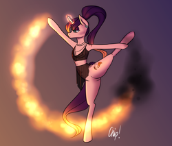 Size: 1700x1446 | Tagged: safe, artist:plaguemare, derpibooru import, oc, oc only, oc:pyro mane, pony, unicorn, ballet, belly button, blue eyes, bra, bralette, clothes, dancing, ear gauge, ear piercing, earring, eyeshadow, female, fire, flexible, glowing horn, horn, jewelry, magic, makeup, mare, necklace, piercing, ponytail, purple eyeshadow, purple mane, purple tail, pyromancy, see-through, see-through skirt, skirt, solo, solo female, underwear, yoga