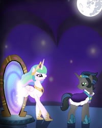 Size: 1000x1250 | Tagged: safe, artist:rxndxm.artist, derpibooru import, king sombra, princess celestia, alicorn, pony, celestibra, female, full moon, good king sombra, hoof shoes, jewelry, looking at each other, looking back, magic mirror, male, mare, mare in the moon, moon, peytral, raised hoof, shipping, stallion, straight, tiara