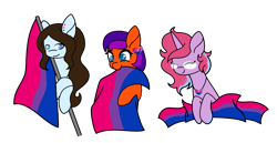 Size: 1062x547 | Tagged: safe, artist:icey-wicey-1517, artist:kb-gamerartist, color edit, derpibooru import, edit, oc, oc only, oc:jade the pegasus, oc:krissy, oc:lilac, earth pony, pegasus, pony, unicorn, collaboration, bisexual pride flag, colored, cute, ear piercing, earring, eyes closed, female, flag, glasses, heart, jewelry, mare, necklace, piercing, pride, pride flag, simple background, transparent background