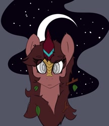 Size: 1163x1343 | Tagged: safe, artist:aripegio del mandolino, oc, oc only, oc:aripegio del mandolino, kirin, bust, crescent moon, female, horn, leaves in hair, looking at you, mare, moon, night, solo, stars