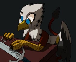 Size: 1421x1157 | Tagged: safe, artist:aripegio del mandolino, oc, oc only, griffon, black background, craft, desk, engraving, griffon oc, monocle, simple background, solo, sword, weapon, wings