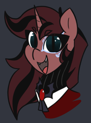 Size: 577x781 | Tagged: safe, artist:aripegio del mandolino, oc, oc only, oc:aripegio del mandolino, pony, undead, unicorn, vampire, vampony, black background, bust, clothes, coat markings, fangs, female, mare, simple background, slit eyes, solo