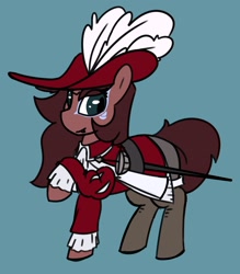 Size: 1776x2031 | Tagged: safe, artist:aripegio del mandolino, oc, oc only, oc:aripegio del mandolino, pony, unicorn, bard, blue background, clothes, coat markings, fantasy class, feathered hat, female, mare, rapier, simple background, solo, sword, weapon