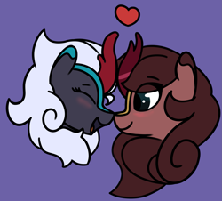 Size: 2197x1986 | Tagged: safe, artist:aripegio del mandolino, oc, oc only, oc:aripegio del mandolino, oc:ebonfire, kirin, blushing, boop, bust, eyes closed, female, females only, heart, kirin oc, mare, nose to nose, noseboop, open mouth, portrait, simple background