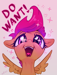 Size: 1322x1746 | Tagged: safe, alternate version, artist:xbi, scootaloo, pegasus, pony, dialogue, female, filly, gradient background, heart, mare, open mouth, solo, spread wings, text, tongue out, want, wings