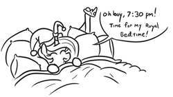 Size: 611x344 | Tagged: safe, artist:jargon scott, princess celestia, alicorn, pony, bed, bed time, cute, cutelestia, dialogue, eyes closed, monochrome, nightcap, pillow, simple background, solo, speech bubble, white background