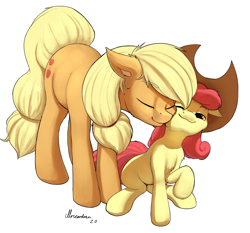 Size: 1920x1792 | Tagged: safe, artist:mricantdraw, derpibooru import, apple bloom, applejack, earth pony, pony, accessory swap, adorabloom, apple sisters, applejack's hat, chest fluff, cowboy hat, cute, duo, ear fluff, eyes closed, female, filly, hat, jackabetes, mare, nuzzling, one eye closed, raised leg, siblings, signature, simple background, sisters, smiling, white background, wholesome