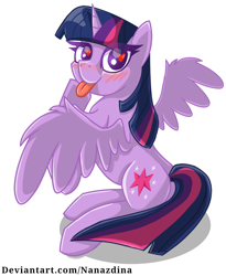 Size: 1094x1336 | Tagged: safe, artist:nanazdina, derpibooru import, part of a set, twilight sparkle, twilight sparkle (alicorn), alicorn, pony, :p, cute, cutie mark, female, heart eyes, ibispaint x, looking at you, looking back, looking back at you, mare, simple background, smiling, solo, spread wings, tongue out, twiabetes, white background, wingding eyes, wings