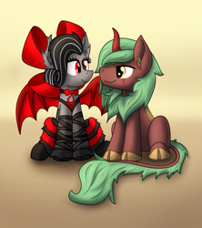 Size: 3500x3938 | Tagged: safe, artist:yugtra, derpibooru import, oc, oc:selketo, oc:valentora, bat pony, kirin, bat pony oc, bat wings, bow, clothes, dress, eye contact, fangs, kirin oc, leg warmers, looking at each other, scar, sitting, tail, wings