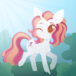 Size: 4000x4011 | Tagged: safe, artist:belka-sempai, derpibooru import, oc, oc only, pony, unicorn, bush, chest fluff, crepuscular rays, cute, female, hock fluff, mare, ocbetes, one eye closed, raised hoof, raised leg, scenery, smiling, solo, wink