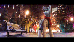 Size: 1066x600 | Tagged: safe, artist:syntaxartz, derpibooru import, oc, oc only, bat pony, pony, animated, bench, cigarette, cinemagraph, city, clothes, commission, irl, male, night, park, park bench, perfect loop, photo, ponies in real life, scarf, shirt, smiling, smoking, snow, solo, stallion, streetlight, winter