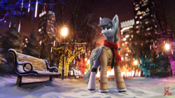 Size: 4531x2540 | Tagged: safe, alternate version, artist:syntaxartz, derpibooru import, oc, oc only, bat pony, pony, bench, cigarette, city, clothes, commission, irl, male, night, park, park bench, photo, ponies in real life, scarf, shirt, smiling, smoking, snow, solo, stallion, streetlight, winter