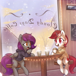 Size: 2798x2798 | Tagged: safe, artist:mirroredsea, derpibooru import, oc, oc only, oc:cybil, oc:cybilstrings, oc:rubystrings, pegasus, pony, unicorn, cafe, clothes, colored pupils, cup, duo, eye clipping through hair, female, freckles, indoors, lidded eyes, looking at each other, mare, open mouth, sitting, smiling, snow, stool, sweater, table