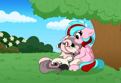 Size: 872x601 | Tagged: safe, artist:kittyrosie, derpibooru import, oc, oc only, earth pony, pegasus, pony, blushing, bush, clothes, cloud, commission, female, floppy ears, grass, hairclip, heart, lesbian, looking at each other, mare, oc x oc, scenery, shipping, sitting, smiling, socks, tree